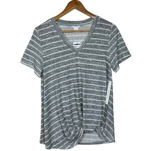 NWT Nordstrom Caslon Twist Front Hem Striped V-Neck Shirt Womens M Grey Ivory